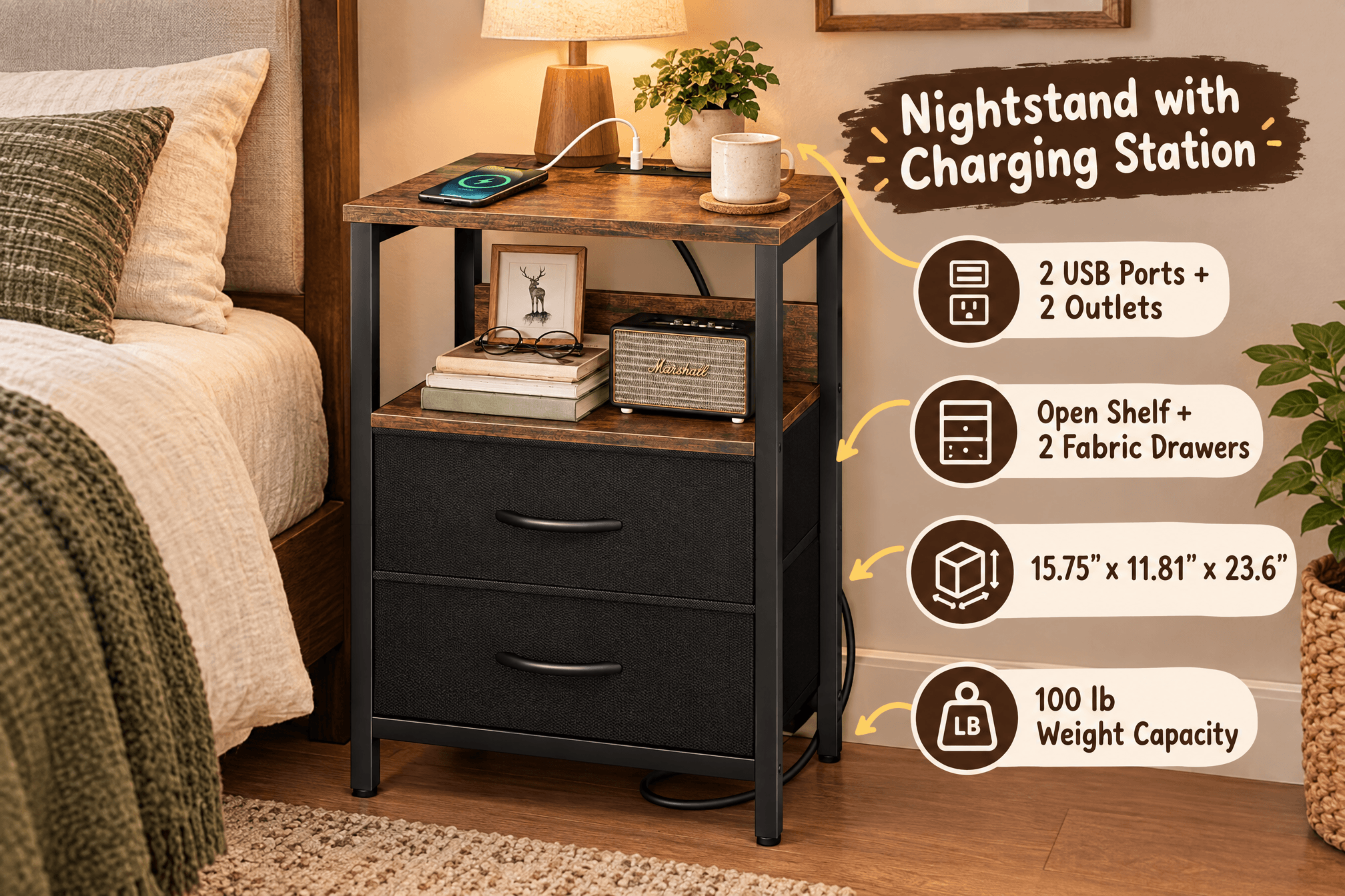 Yoobure vintage brown and black nightstand with charging station beside a bed, phone charging on top, callouts for 2 USB ports, 2 outlets, open shelf, two fabric drawers and 100 lb weight capacity.