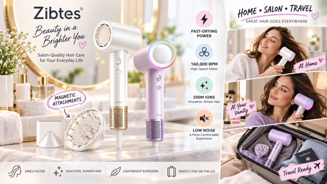 Zibtes high-speed hair dryer campaign featuring white and purple dryers with magnetic nozzle and diffuser across vanity, home styling, and travel scenes, with callouts for 160,000 RPM, 500M ions, fast drying, and low noise.