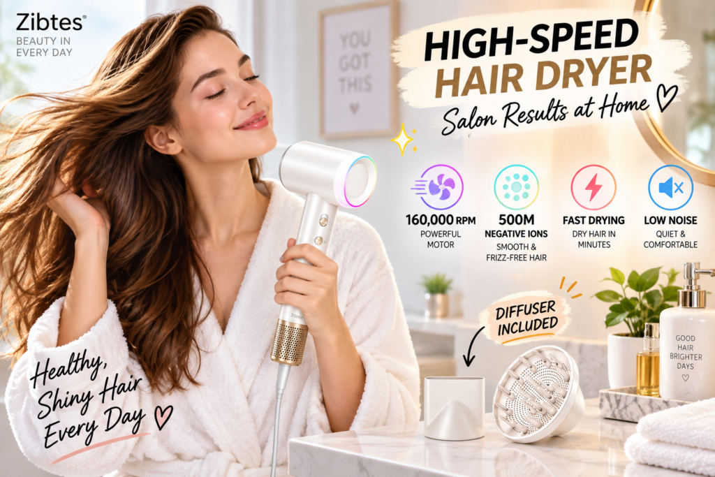 Woman using a white Zibtes high-speed hair dryer at a bright bathroom vanity, with diffuser and nozzle displayed beside it and feature icons highlighting 160,000 RPM, 500M negative ions, fast drying, low noise, and diffuser included.
