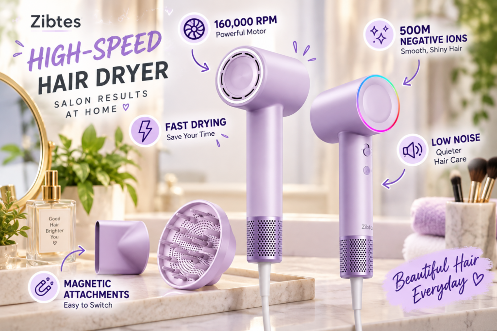 Purple Zibtes high-speed hair dryer with matching diffuser and concentrator displayed on a modern vanity, surrounded by purple callouts for 160,000 RPM, 500M negative ions, fast drying, low noise, and magnetic attachments.