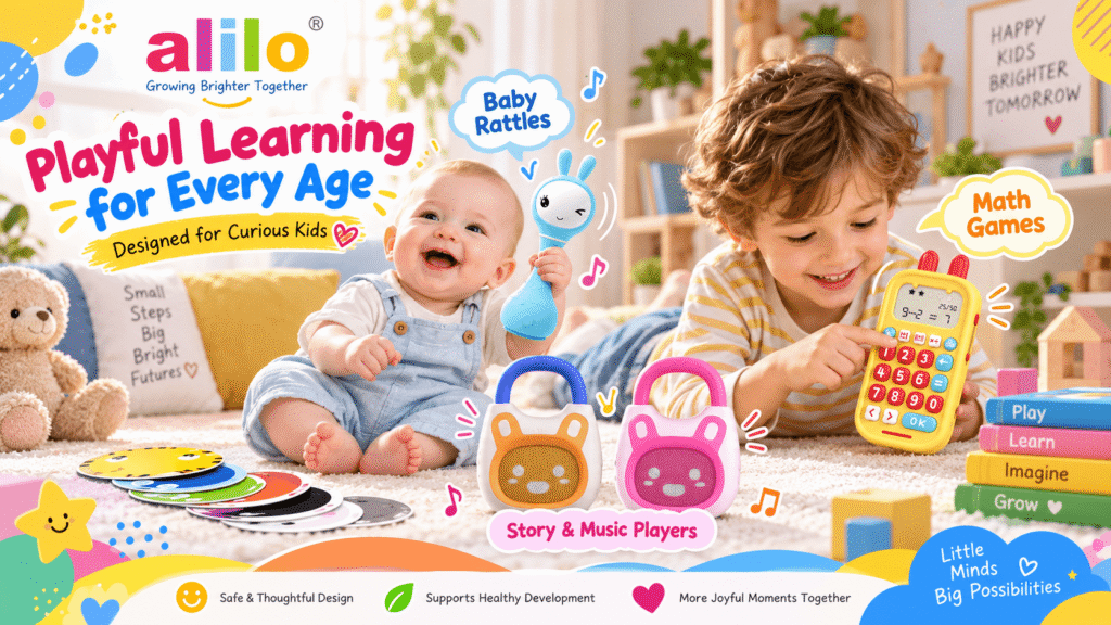 Promotional poster for the alilo brand with the main title "Playful Learning for Every Age" and subtitle "Designed for Curious Kids". The brand logo is at the top left. The image features two children on a carpet. A cute baby (approx. 0-1 year) in blue overalls sits on the left playing with a collection of colorful, round, animal-faced learning cards, with a "Baby Rattles" label pointing to a blue Smarty Bunny rattle. Beside him sits a slightly older boy (approx. 3-5 years) operating a yellow, rabbit-shaped number machine with a "Math Games" label pointing to it. Three books with inspirational text are next to the boy. Between the children, orange and pink Story & Music Players are shown with a label. The footer lists brand benefits: "Safe & Thoughtful Design", "Supports Healthy Development", "More Joyful Moments Together". A "Little Minds Big Possibilities" bubble is at the bottom right.