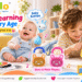 Promotional poster for the alilo brand with the main title "Playful Learning for Every Age" and subtitle "Designed for Curious Kids". The brand logo is at the top left. The image features two children on a carpet. A cute baby (approx. 0-1 year) in blue overalls sits on the left playing with a collection of colorful, round, animal-faced learning cards, with a "Baby Rattles" label pointing to a blue Smarty Bunny rattle. Beside him sits a slightly older boy (approx. 3-5 years) operating a yellow, rabbit-shaped number machine with a "Math Games" label pointing to it. Three books with inspirational text are next to the boy. Between the children, orange and pink Story & Music Players are shown with a label. The footer lists brand benefits: "Safe & Thoughtful Design", "Supports Healthy Development", "More Joyful Moments Together". A "Little Minds Big Possibilities" bubble is at the bottom right.