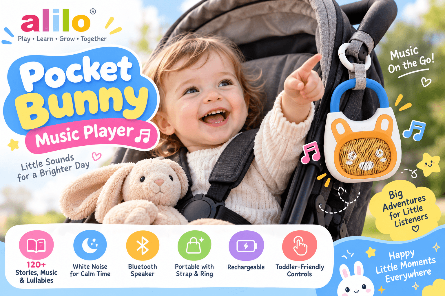 Promotional poster for alilo's "Pocket Bunny Music Player", featuring the brand logo and theme "Play • Learn • Grow • Together". The main title is on the left, with sidebar text: "Little Sounds for a Brighter Day", "Big Adventures for Little Listeners", "Happy Little Moments Everywhere". The image shows a cute baby (approx. 0-2 years) sitting and buckled in a black stroller, smiling and pointing forward. An orange rabbit-shaped portable music player with a blue strap and ring hangs from the stroller canopy with music notes. A plush bunny toy sits beside the baby. The footer lists features with icons: 120+ Stories, Music & Lullabies, White Noise for Calm Time, Bluetooth Speaker, Portable with Strap & Ring, Rechargeable, Toddler-Friendly Controls.