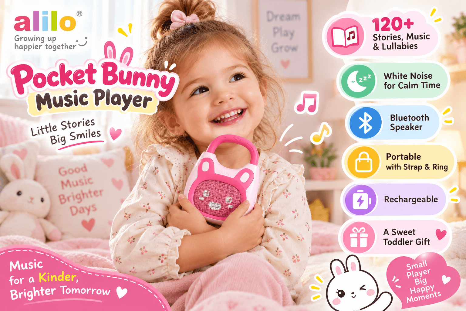 Promotional poster for alilo's "Pocket Bunny Music Player", featuring the brand logo and theme "Growing up happier together". The main title is on the left, with text labels "Little Stories Big Smiles". The image shows a young girl (approx. 3-5 years) in a pattern shirt tightly hugging a pink rabbit-shaped portable music player, closing her eyes, smiling broadly, and appearing joyful. She is buckled with a safety belt. In the background is a crib and a plush bunny, with text on a pillow. The right sidebar lists features with icons: 120+ Stories, Music & Lullabies, White Noise for Calm Time, Bluetooth Speaker, Portable with Strap & Ring, Rechargeable, A Sweet Toddler Gift. Bottom text: "Music for a Kinder, Brighter Tomorrow", "Small Player Big Happy Moments".