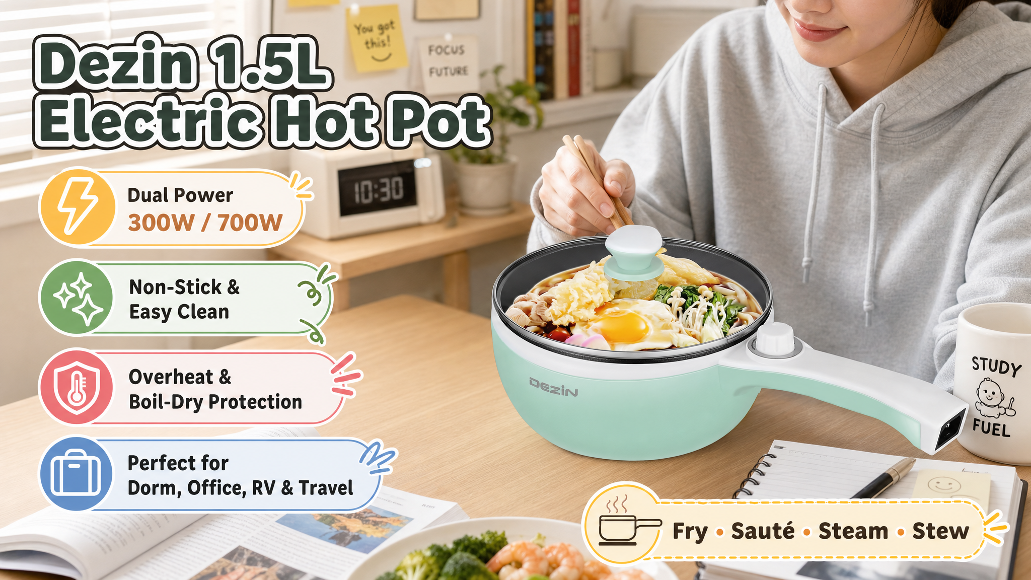 A promotional image for the Dezin 1.5L Electric Hot Pot in mint green, showing a young woman eating ramen at a desk. Text highlights features including dual power (300W/700W), non-stick coating, boil-dry protection, and suitability for dorms, offices, RVs, and travel.