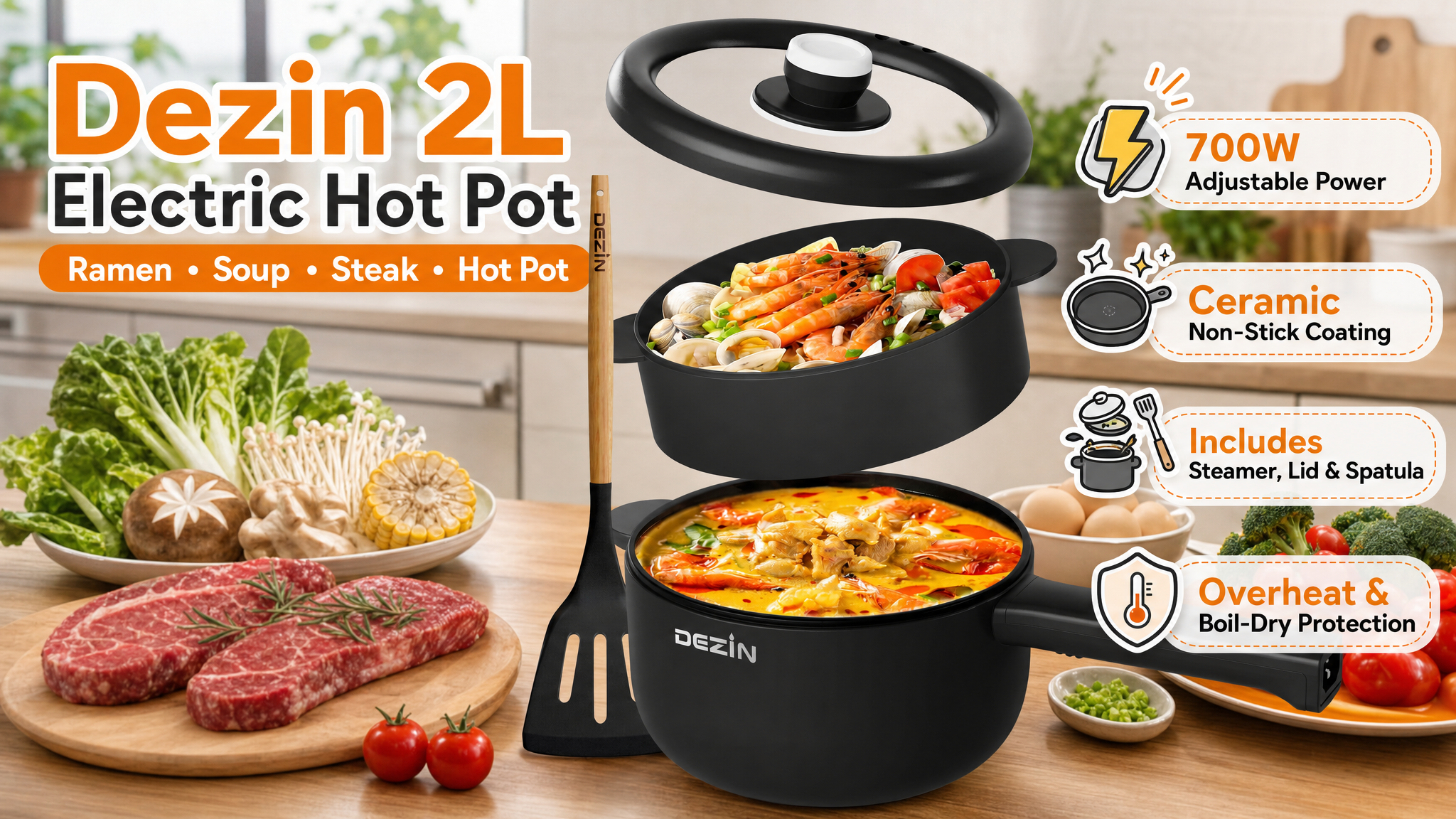 An advertisement for the black Dezin 2L Electric Hot Pot, displayed on a kitchen counter with a floating steamer basket filled with seafood above a simmering soup. Key features listed include 700W adjustable power, ceramic non-stick coating, an included steamer and spatula, and overheat protection.