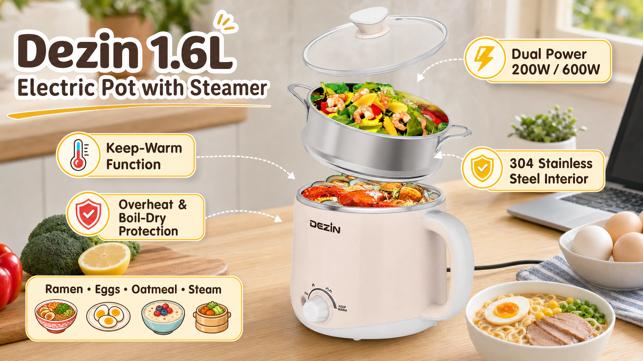 A product image of the beige Dezin 1.6L Electric Pot with Steamer positioned on a desk next to a laptop. It shows seafood ramen cooking in the base and vegetables steaming above, highlighting its keep-warm function, 304 stainless steel interior, and dual power modes (200W/600W).