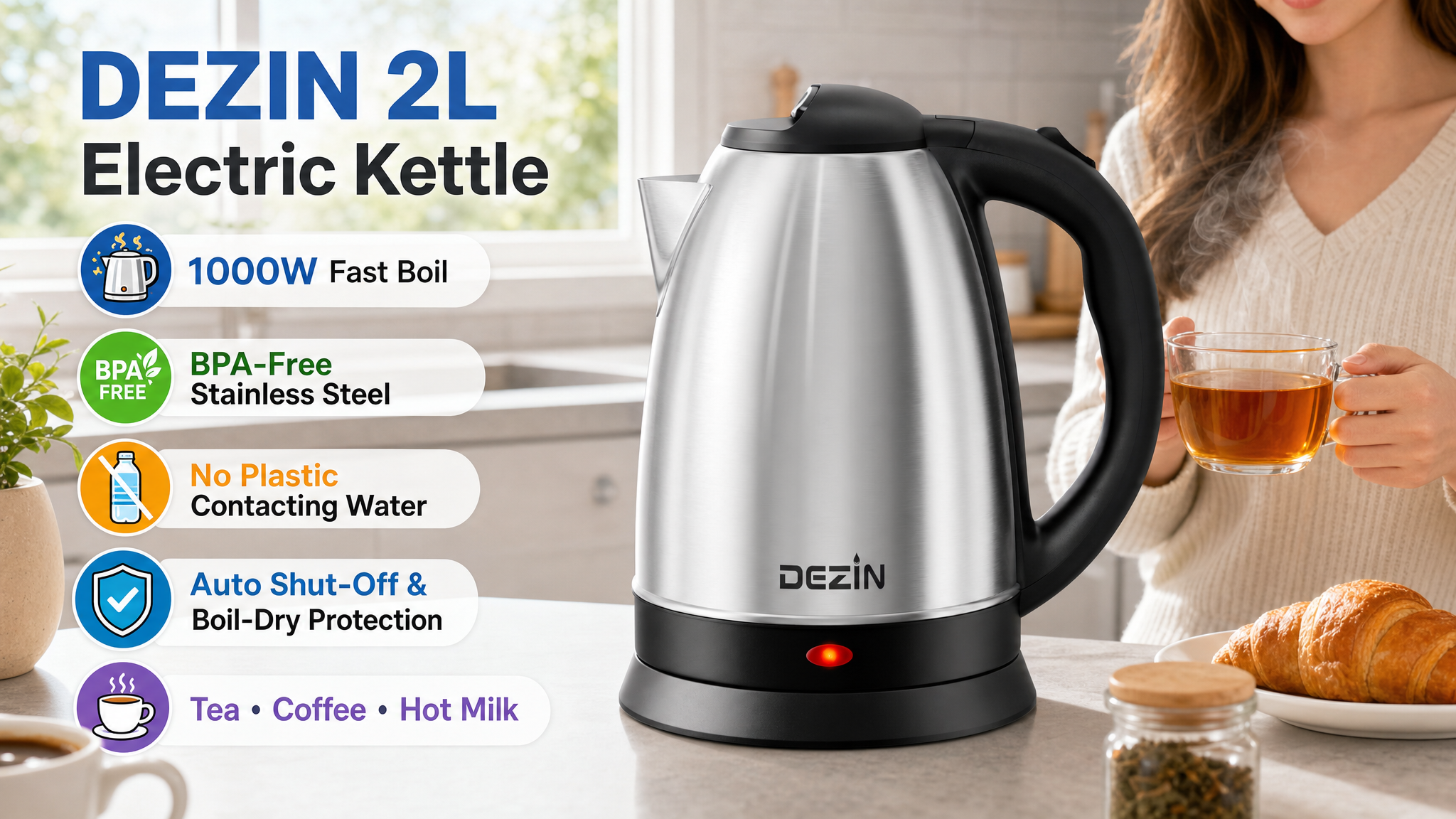 A promotional photo for the Dezin 2L Electric Kettle featuring a stainless steel design resting on a kitchen counter, with a woman holding a cup of tea in the background. Features shown include 1000W fast boil, BPA-free materials, no plastic contacting water, and auto shut-off.