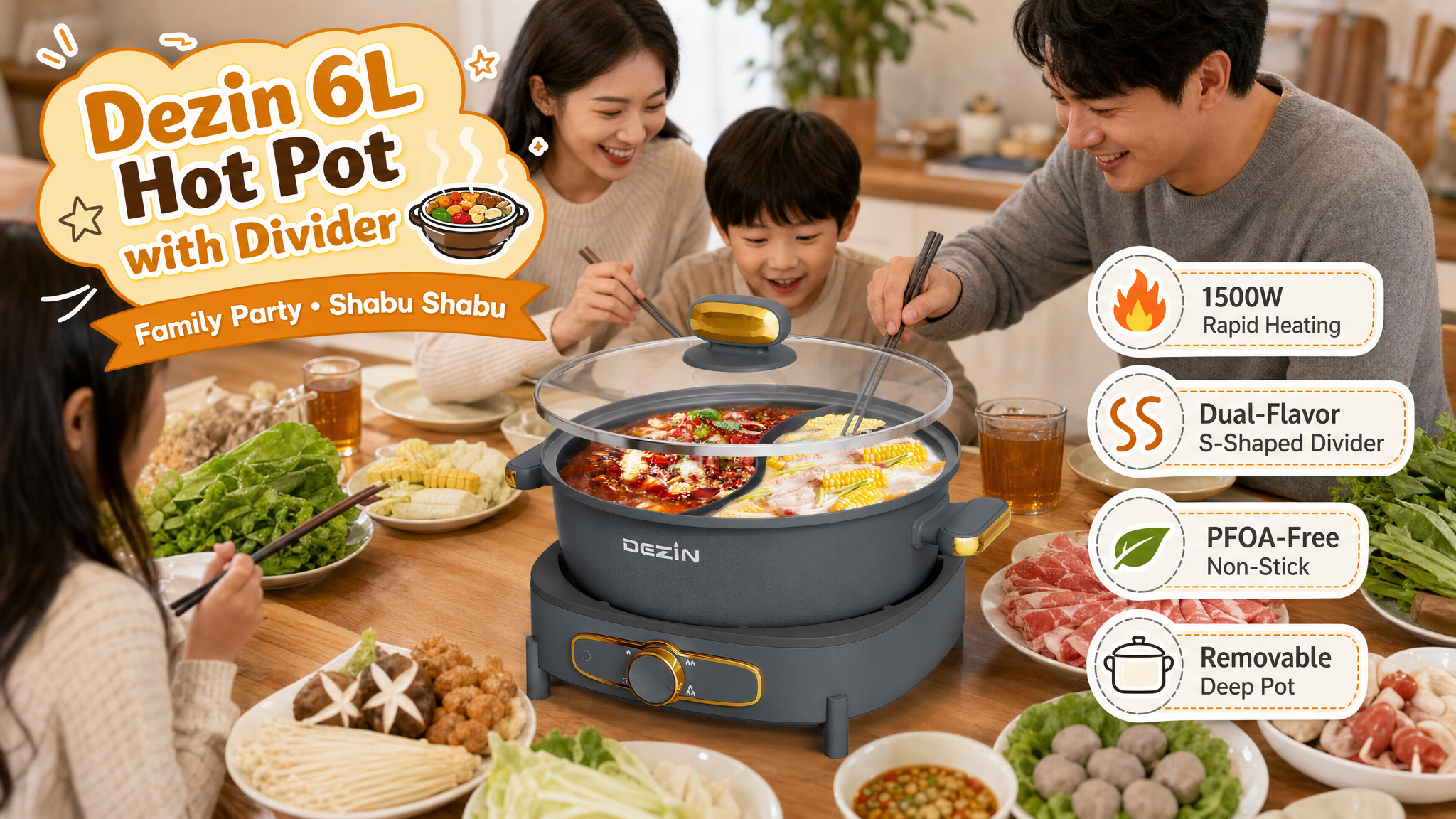 An image showing a family of four smiling and gathering around a table to eat from a dark grey Dezin 6L Hot Pot. The hot pot features a dual-flavor S-shaped divider, 1500W rapid heating, PFOA-free non-stick surfaces, and a removable deep pot.