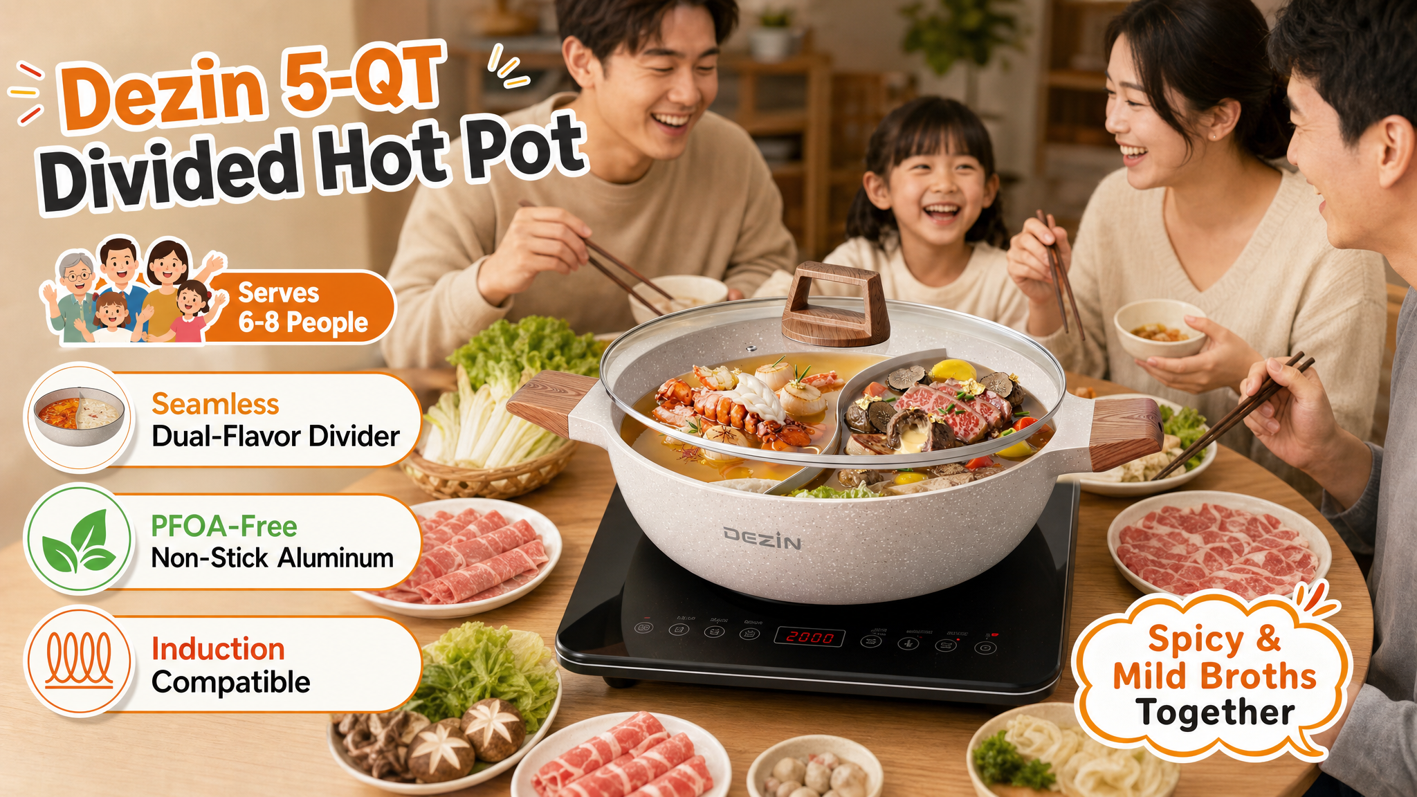 A promotional lifestyle image of the Dezin 5-QT Divided Hot Pot in a light stone finish with wooden handles, placed on an induction cooktop during a family dinner. Callouts highlight that it serves 6-8 people, has a seamless dual-flavor divider, uses PFOA-free non-stick aluminum, and is induction compatible.