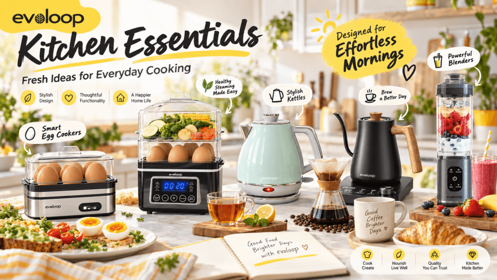 A promotional display of Evoloop kitchen essentials on a bright countertop, featuring an egg cooker, a 2-tier steamer, a retro light blue kettle, a black gooseneck kettle, and a personal blender, surrounded by fresh breakfast food and promotional text highlighting effortless mornings.
