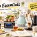 A promotional display of Evoloop kitchen essentials on a bright countertop, featuring an egg cooker, a 2-tier steamer, a retro light blue kettle, a black gooseneck kettle, and a personal blender, surrounded by fresh breakfast food and promotional text highlighting effortless mornings.