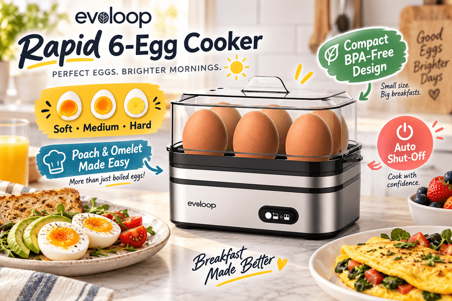 An Evoloop Rapid 6-Egg Cooker with a transparent lid containing six brown eggs, placed next to plated eggs, avocado, and an omelet. Text highlights its compact BPA-free design, auto shut-off, and options for soft, medium, or hard-boiled eggs.