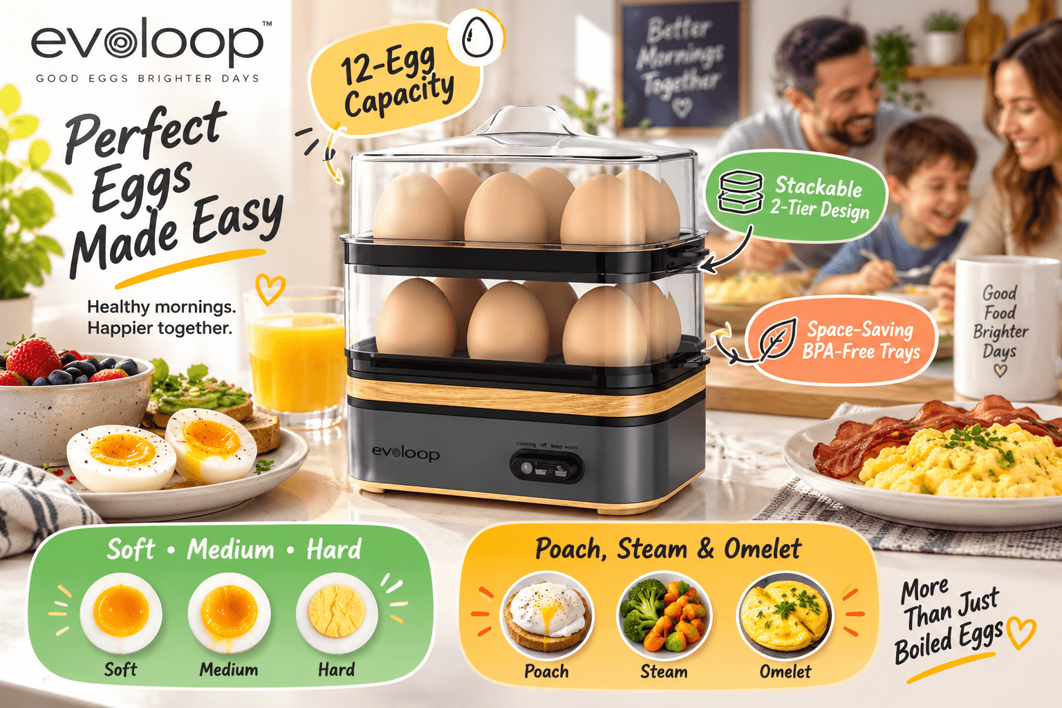 An Evoloop 12-Egg Capacity Cooker featuring a stackable 2-tier design with a grey base and wood-like accent, cooking a dozen eggs. The image includes icons for poaching, steaming, and omelets, alongside a family enjoying breakfast in the background.