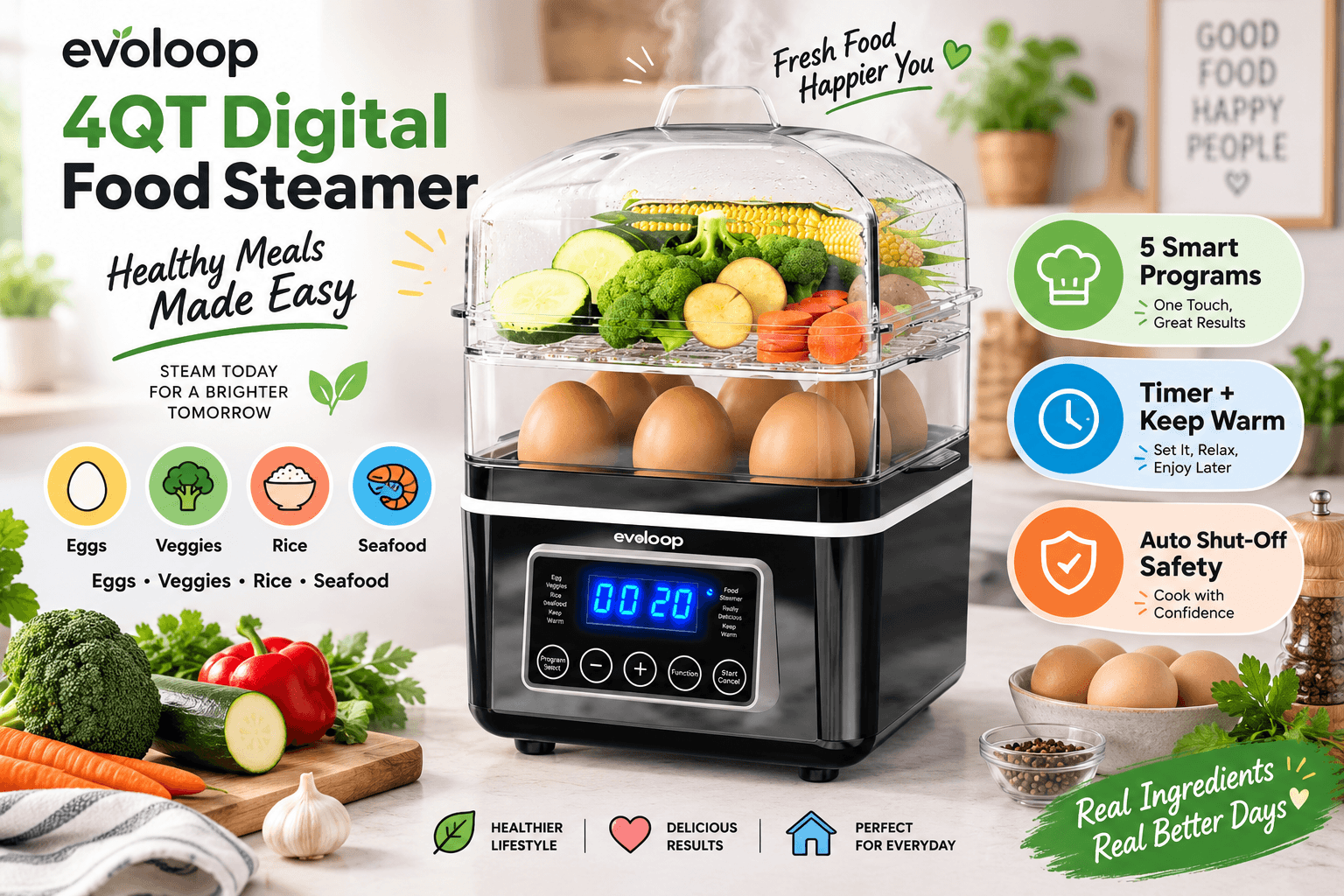 An Evoloop 4QT Digital Food Steamer displaying a digital timer, actively steaming a colorful assortment of vegetables in the top tier and brown eggs in the bottom tier. Text highlights 5 smart programs, a timer with a keep-warm function, and auto shut-off safety.