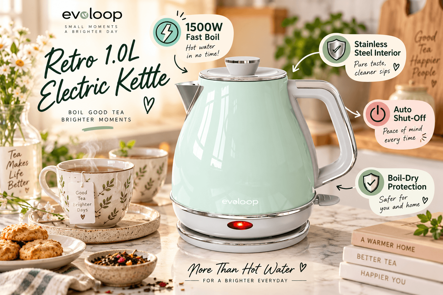 A light blue retro-style Evoloop 1.0L Electric Kettle on a sunny kitchen counter next to cups of tea and cookies. Callouts highlight a 1500W fast boil, a pure stainless steel interior, auto shut-off, and boil-dry protection.