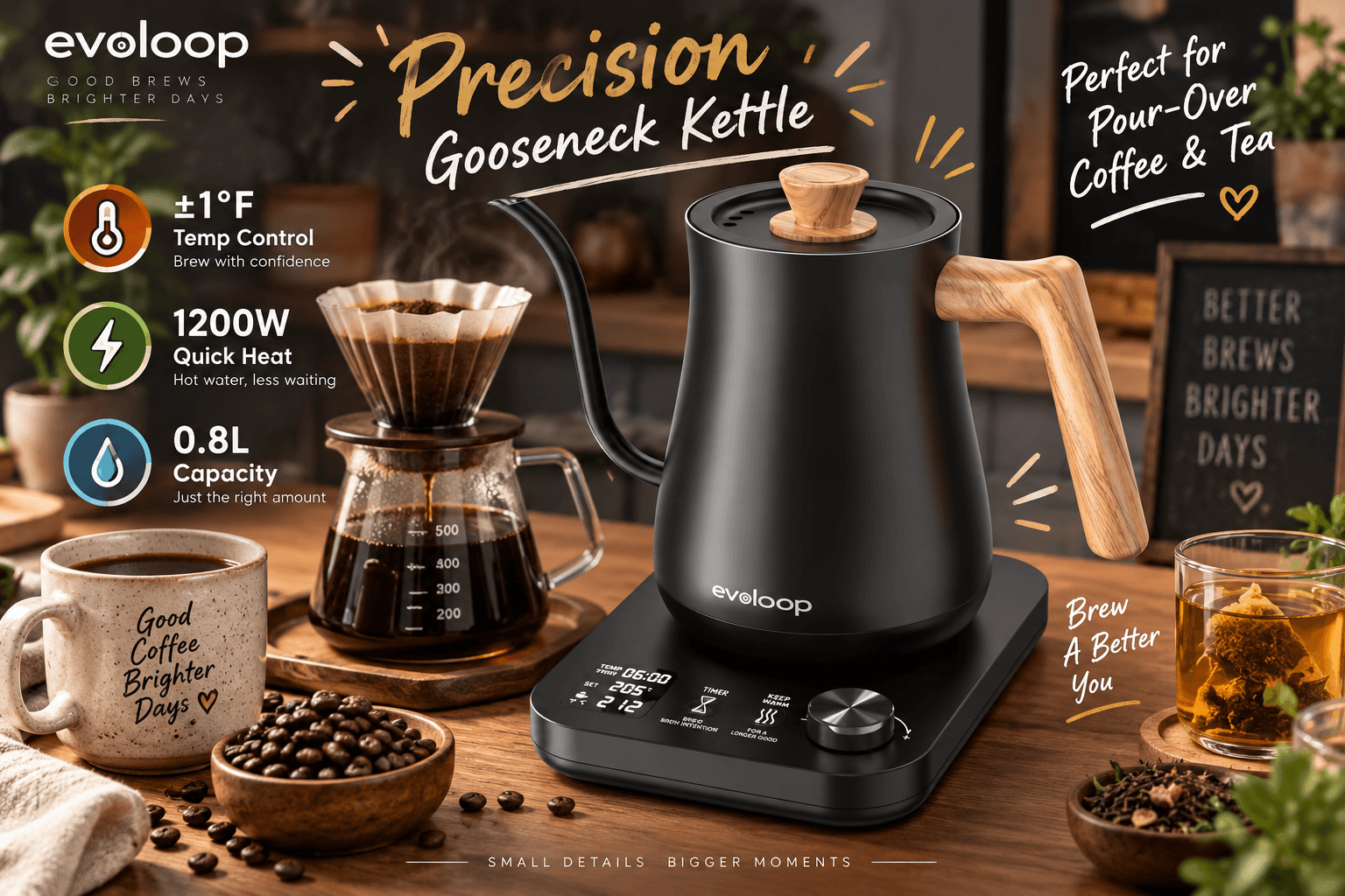 A matte black Evoloop Precision Gooseneck Kettle with a wooden handle and a base showing a digital temperature display, set up for making pour-over coffee. Features highlighted include ±1°F precise temp control, 1200W quick heat, and a 0.8L capacity.