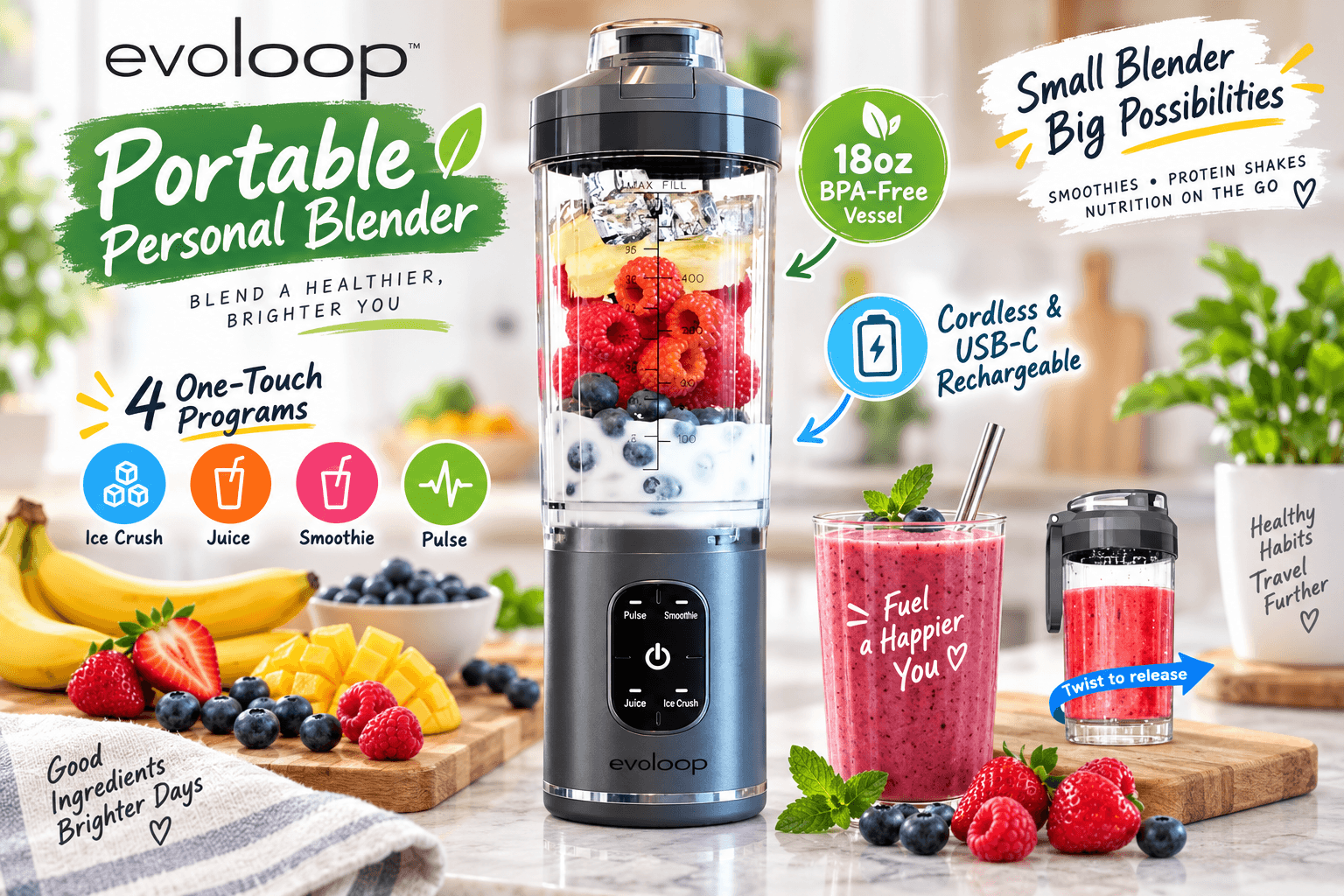 An Evoloop Portable Personal Blender filled with fresh berries and milk, standing next to a glass of pink blended smoothie and fresh fruit. Text promotes its 18oz BPA-free vessel, 4 one-touch programs (Ice Crush, Juice, Smoothie, Pulse), and cordless USB-C rechargeable design.