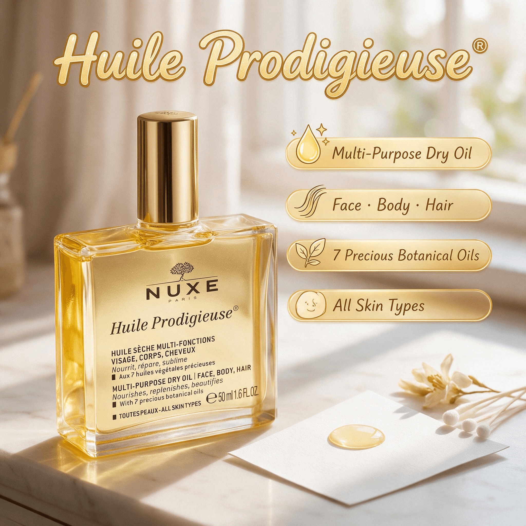 NUXE Huile Prodigieuse multi-purpose dry oil promotional image, iconic golden square glass bottle with gold cap, golden shimmer botanical dry oil placed on warm marble vanity, one drop of oil dripping on white scent test card, fresh orange blossom decor, cute cartoon English labels for Face Body Hair 7 precious oils, 1:1 square e-commerce product shot