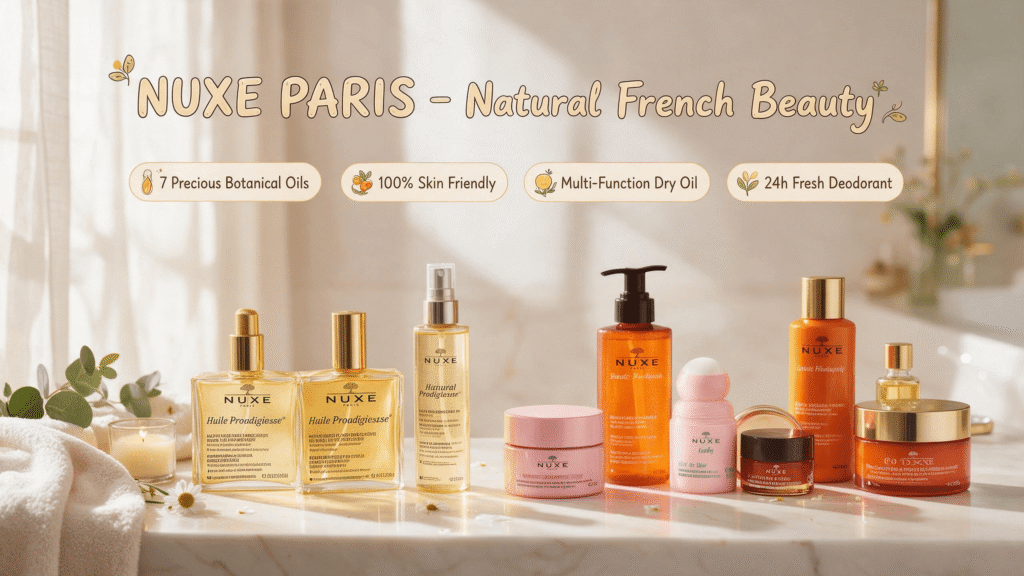 NUXE Paris official Amazon store blog promotional banner, full natural French skincare product collection displayed on warm beige marble bathroom counter, golden morning sunlight, cozy authentic home use scene, cute hand-drawn cartoon English callout labels, clean premium commercial beauty photography, 16:9 wide format