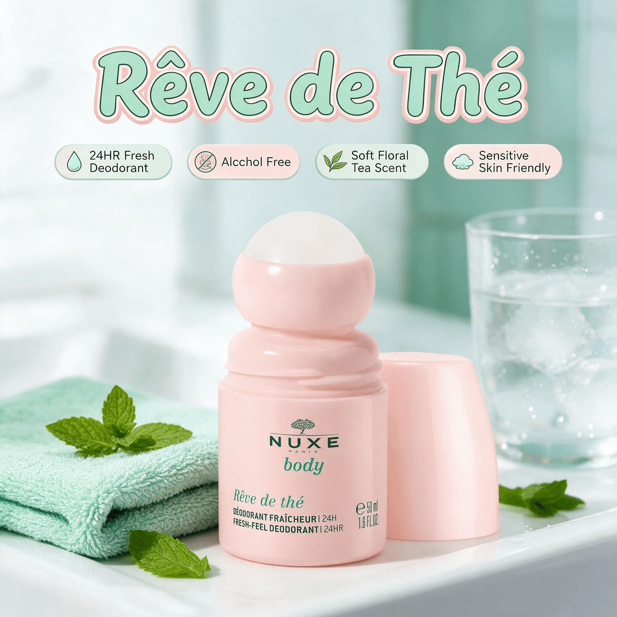 NUXE Rêve de Thé 24HR fresh deodorant roller, soft baby pink matte bottle, placed on bright white bathroom counter with fresh mint leaves and ice water glass, cool clean morning light, cute cartoon English callouts for 24h protection, alcohol free, sensitive skin safe, 1:1 square e-commerce product photography