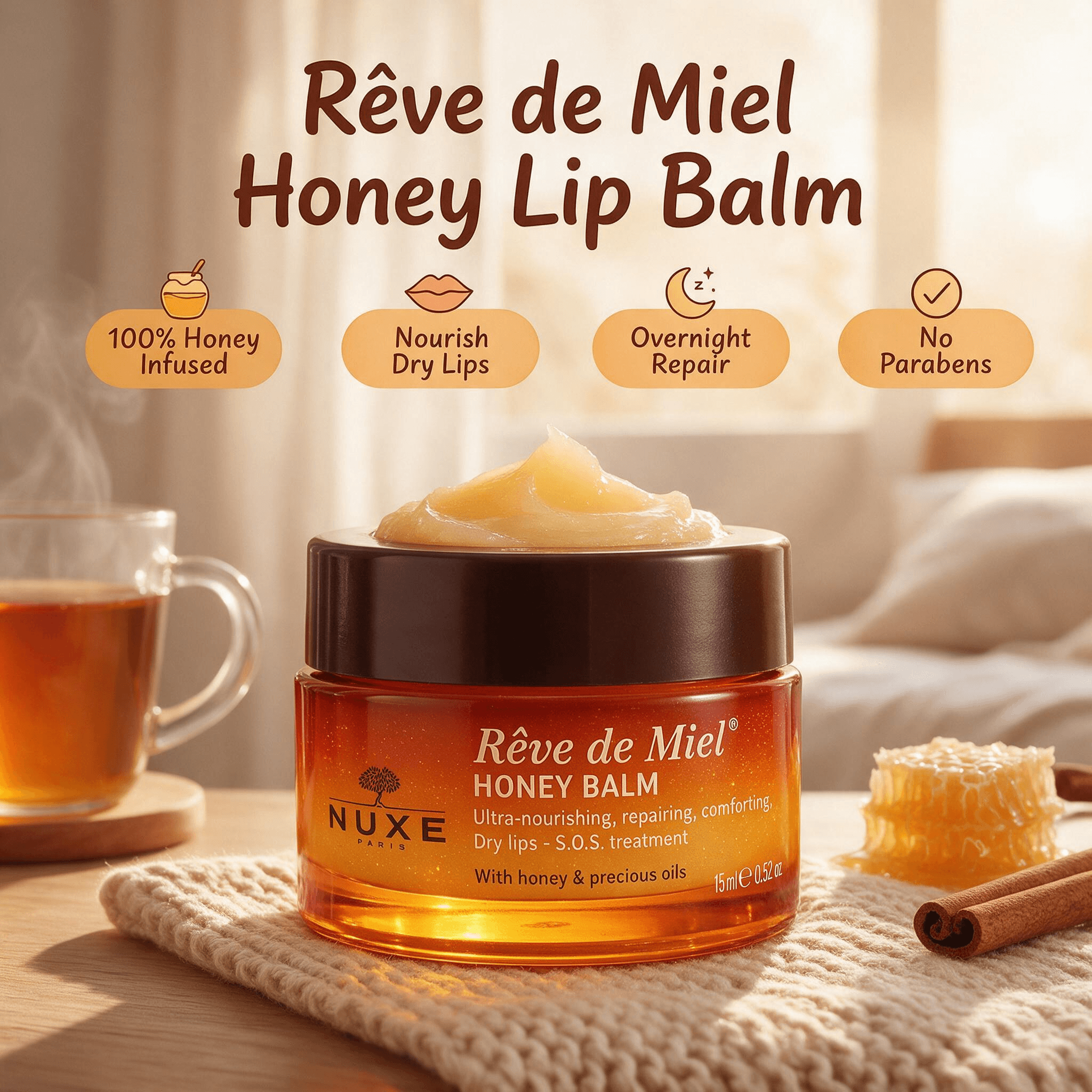 NUXE Rêve de Miel honey lip balm, iconic amber orange glass jar with dark brown lid, placed on warm wooden bedside table next to honey tea cup and natural honeycomb, warm golden afternoon sunlight, thick buttery honey lip balm texture shown at jar opening, cute cartoon English labels for overnight lip repair, 100% honey infused, 1:1 square skincare shot