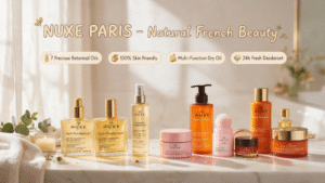 NUXE Paris official Amazon store blog promotional banner, full natural French skincare product collection displayed on warm beige marble bathroom counter, golden morning sunlight, cozy authentic home use scene, cute hand-drawn cartoon English callout labels, clean premium commercial beauty photography, 16:9 wide format