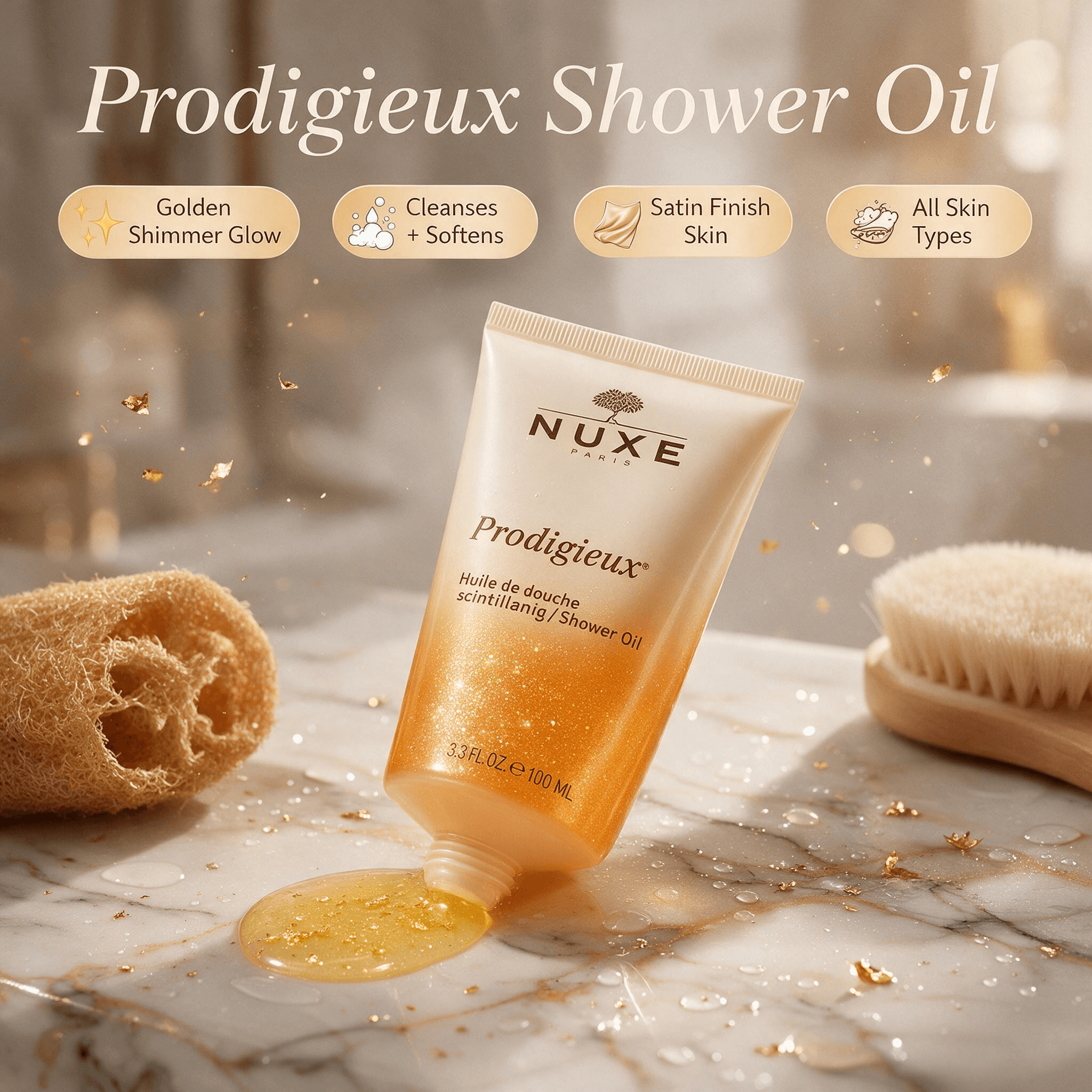 NUXE Prodigieux precious scented shower oil, pearlescent gradient cream to warm orange squeeze tube, placed on wet marble bathroom tub edge with golden shimmer pearl particles floating around, warm misty bathroom light, shimmery golden shower oil texture squeezed out, cute cartoon English callouts for satin finish skin, golden glow cleanse, 1:1 square body care product shot