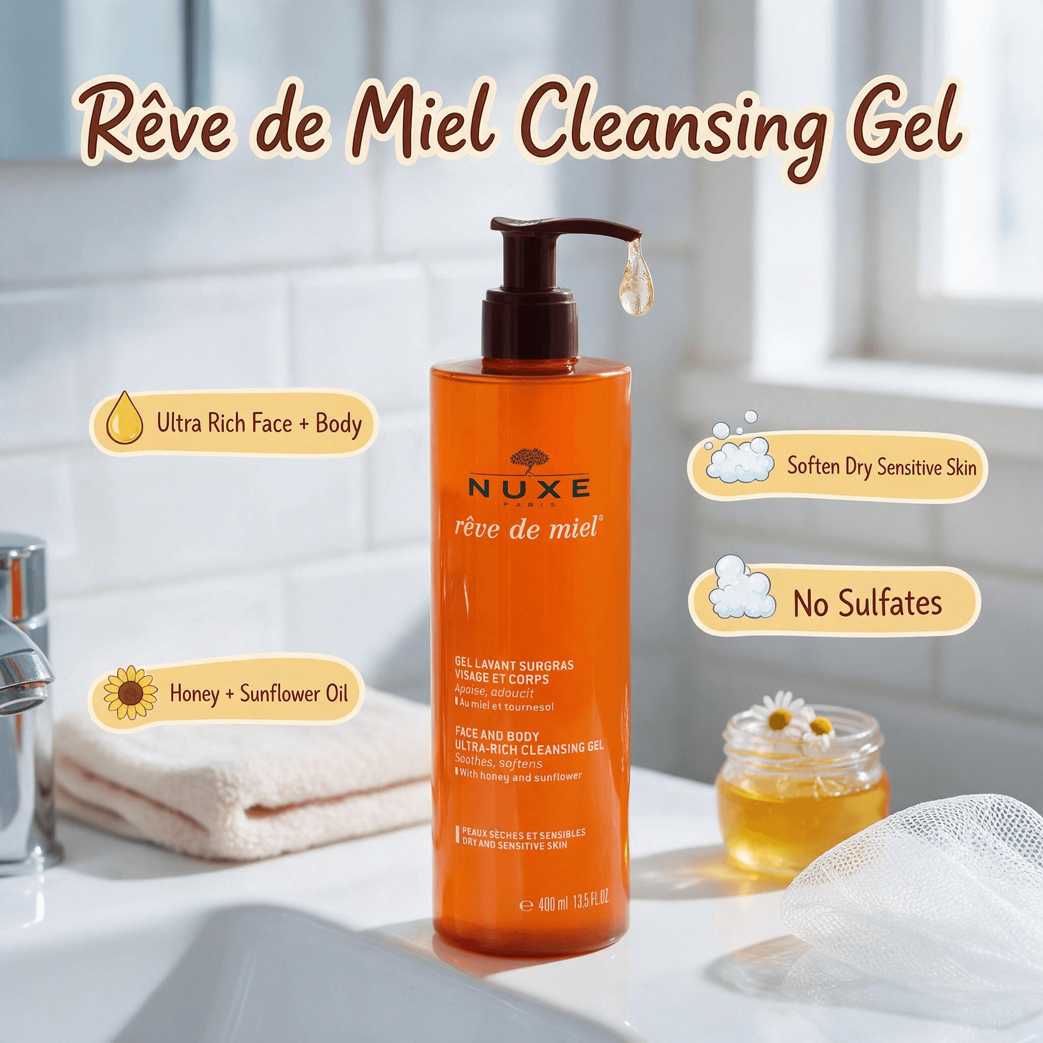 NUXE Rêve de Miel ultra rich face & body cleansing gel, bright orange pump bottle, placed on bright white bathroom counter with soft cotton washcloth and chamomile honey jar, fresh morning daylight, bubbly golden clear cleansing gel texture squeezed from pump, cute cartoon English labels for dry sensitive skin, honey + sunflower oil, 1:1 square cleanser product shot