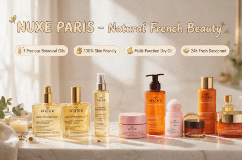 NUXE Paris official Amazon store blog promotional banner, full natural French skincare product collection displayed on warm beige marble bathroom counter, golden morning sunlight, cozy authentic home use scene, cute hand-drawn cartoon English callout labels, clean premium commercial beauty photography, 16:9 wide format