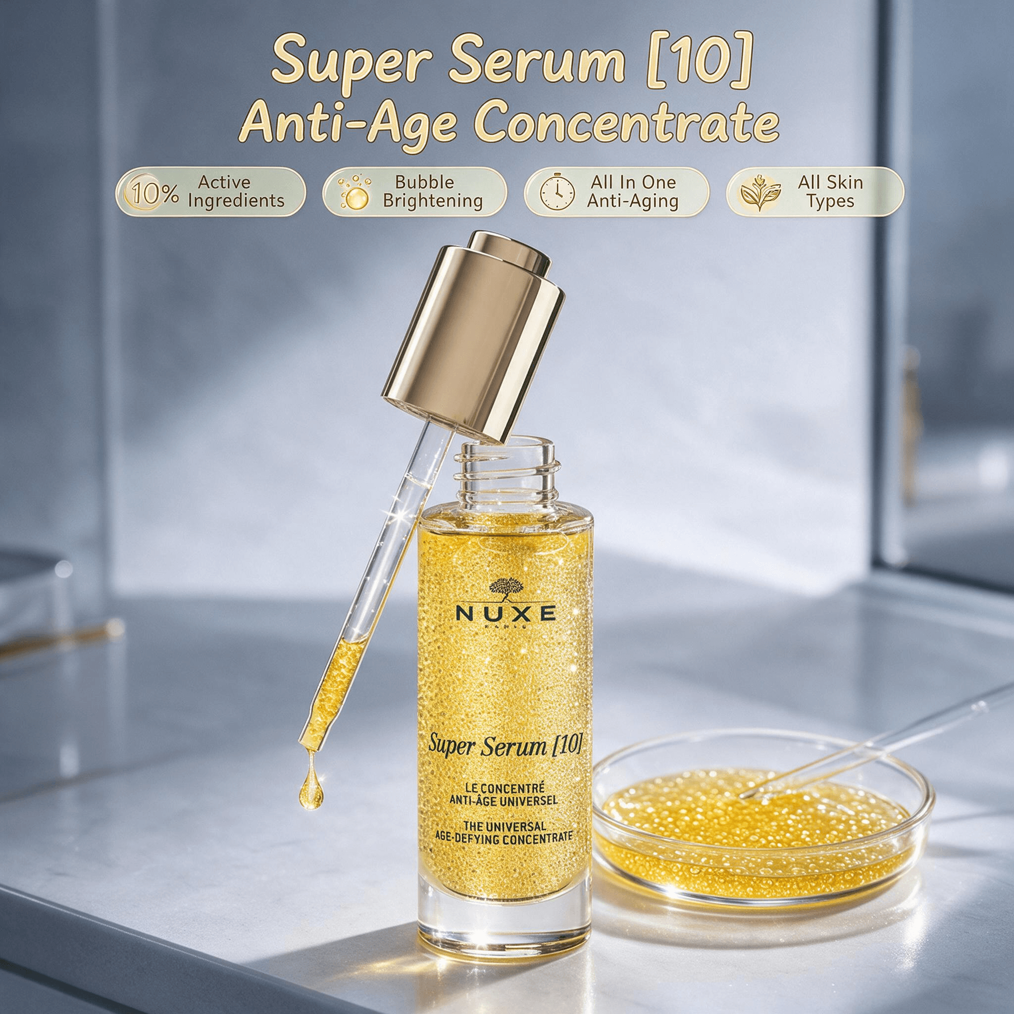 NUXE Super Serum [10] universal anti-ageing concentrate, clear glass dropper bottle filled with golden bubble micro-serum, placed on minimal light grey makeup vanity, glass petri dish with bubble serum next to it, clean premium side soft light, golden bubble serum dripping from dropper, cute cartoon English callouts for 10% active formula, all-in-one anti-aging, 1:1 square luxury serum product shot