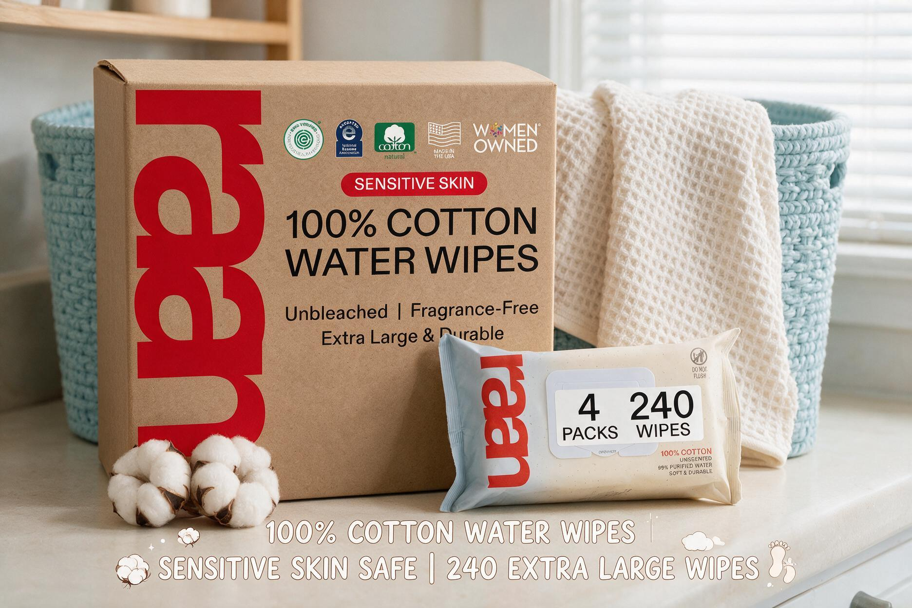A bulk box and a 240-count soft pack of Raan extra-large, unbleached 100% cotton water wipes on a bright counter next to cotton bolls and a blue woven basket with white towels, emphasizing sensitive skin safety.