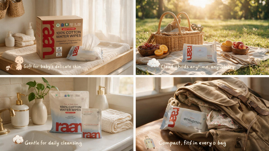 A four-panel lifestyle collage demonstrating the versatile uses of Raan 100% cotton wipes: used on a baby changing table, packed for an outdoor picnic, placed on a bathroom sink for daily cleansing, and tucked inside a travel backpack.