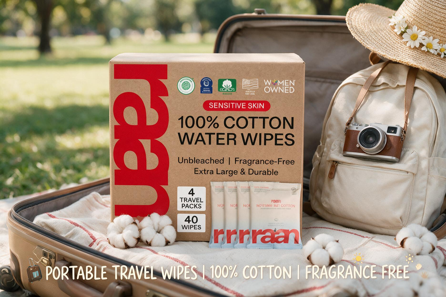An open suitcase on an outdoor picnic blanket containing a Raan box and four portable travel packs of 100% cotton, fragrance-free wipes, styled with a straw hat and a vintage camera for travel readiness.