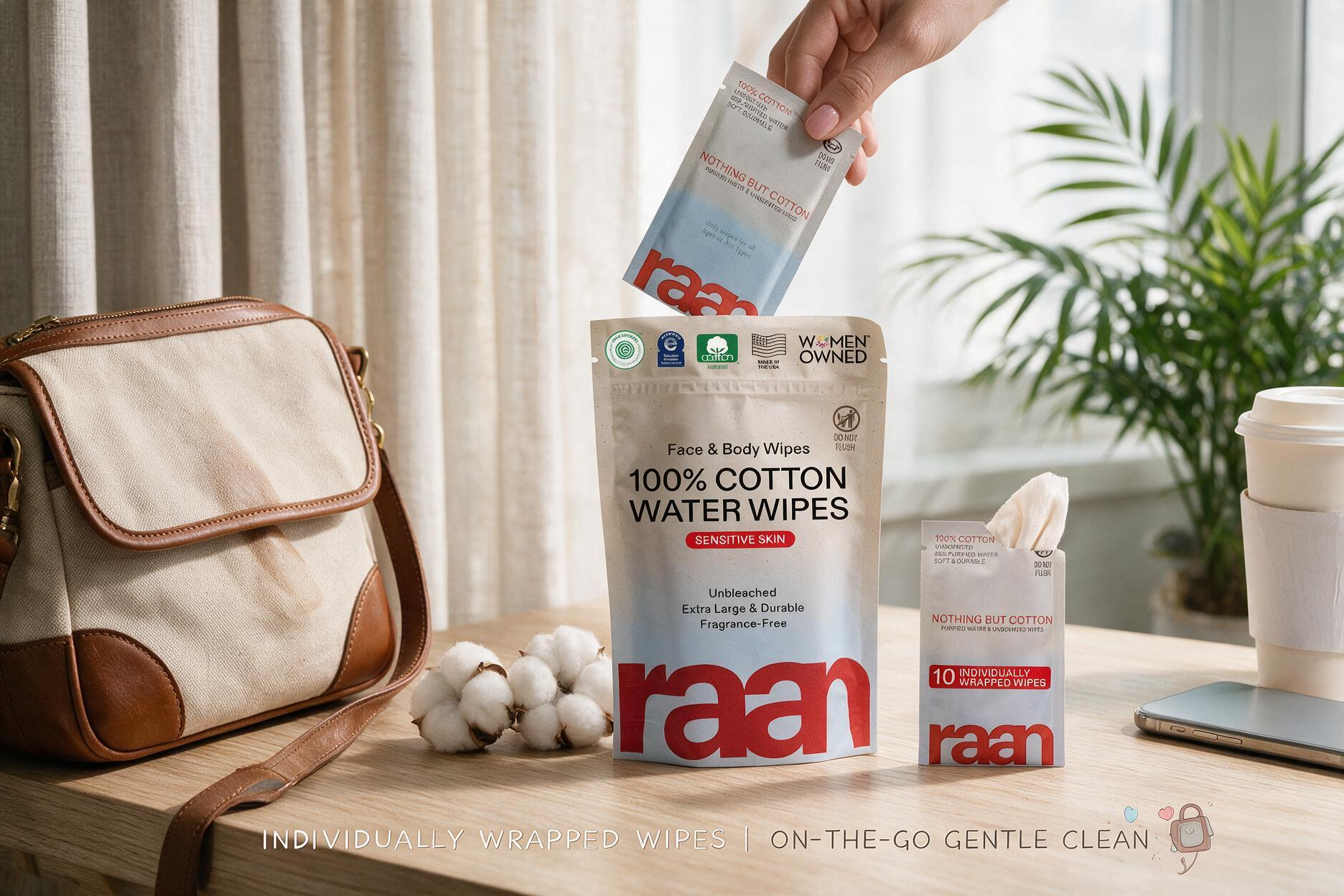 A hand pulling an individually wrapped Raan 100% cotton water wipe from a pouch on a wooden table next to a brown purse, cotton bolls, and a coffee cup, highlighting on-the-go gentle cleaning for sensitive skin.