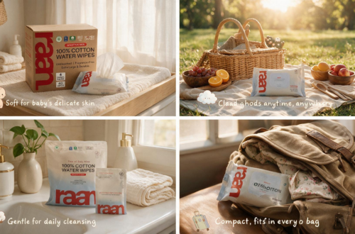 A four-panel lifestyle collage demonstrating the versatile uses of Raan 100% cotton wipes: used on a baby changing table, packed for an outdoor picnic, placed on a bathroom sink for daily cleansing, and tucked inside a travel backpack.