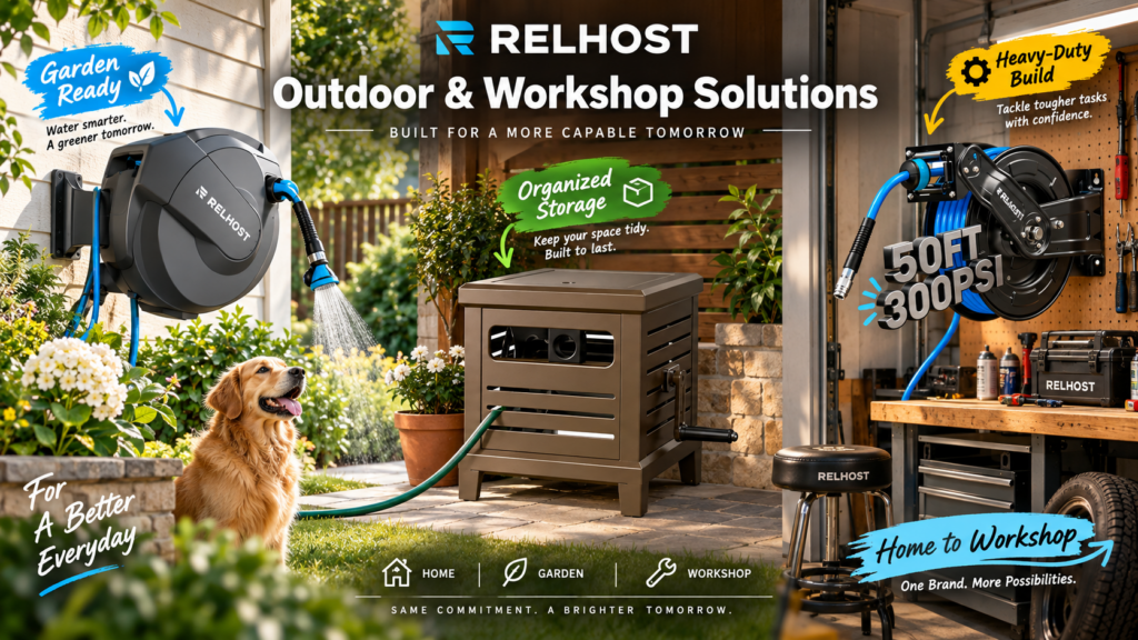 RELHOST promotional hero showing three outdoor and workshop solutions: a wall-mounted garden hose reel, brown hose storage box, and 50FT 300PSI air hose reel. Lifestyle garden and garage