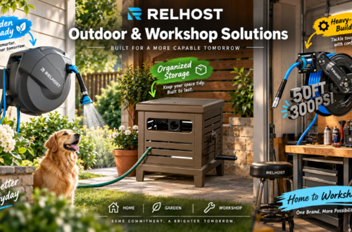 RELHOST promotional hero showing three outdoor and workshop solutions: a wall-mounted garden hose reel, brown hose storage box, and 50FT 300PSI air hose reel. Lifestyle garden and garage