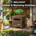 RELHOST promotional hero showing three outdoor and workshop solutions: a wall-mounted garden hose reel, brown hose storage box, and 50FT 300PSI air hose reel. Lifestyle garden and garage