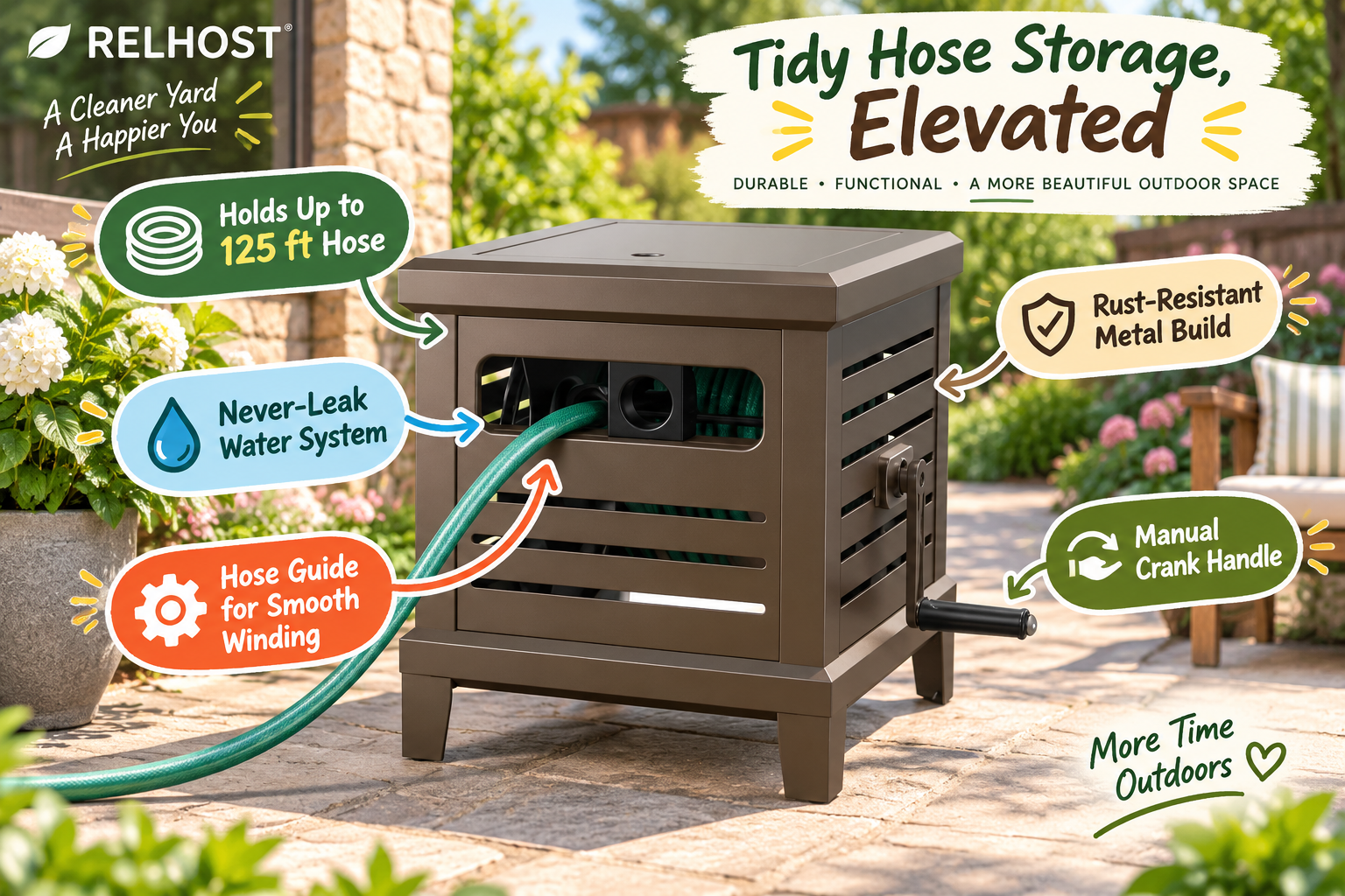Brown RELHOST metal garden hose reel box placed on a sunny backyard patio with a green hose. Graphic callouts highlight up to 125 ft hose storage, never-leak water system, smooth hose guide, rust-resistant metal build, and manual crank handle.