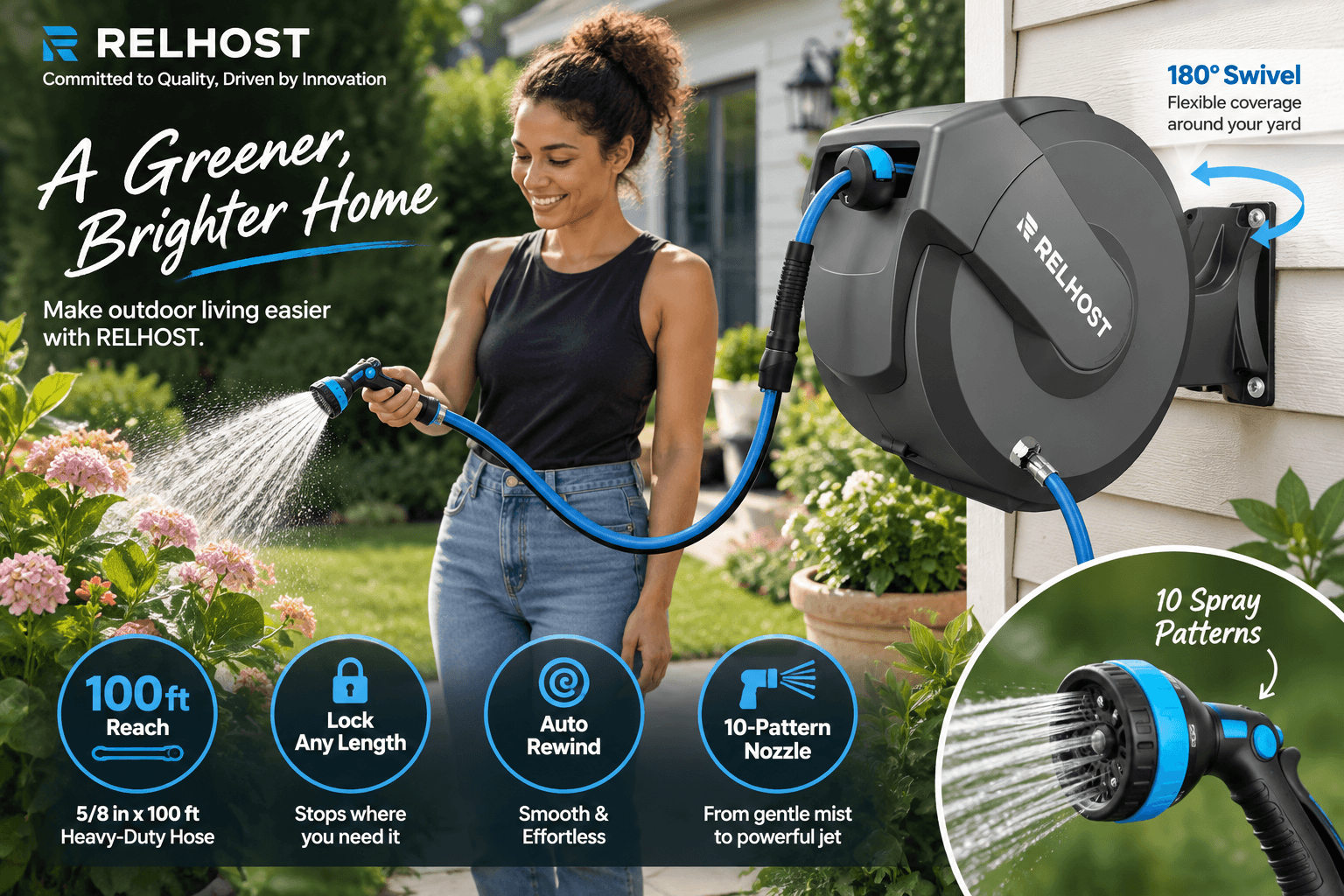 Dark gray RELHOST retractable garden hose reel mounted beside a home while a woman waters flowers with the blue-trim nozzle. Callouts highlight 100 ft x 5/8 in hose, any-length lock, auto rewind, 180-degree swivel bracket, 10-pattern nozzle, and heavy-duty wall mount.