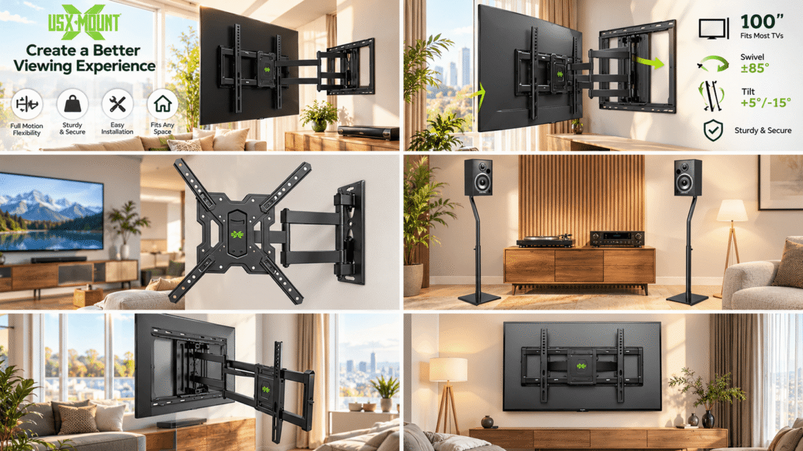 USX MOUNT promotional collage featuring full-motion TV wall mounts, adjustable speaker stands, and home theater setups in modern living rooms, with green branding and graphics highlighting flexible viewing, secure support, and space-saving design.