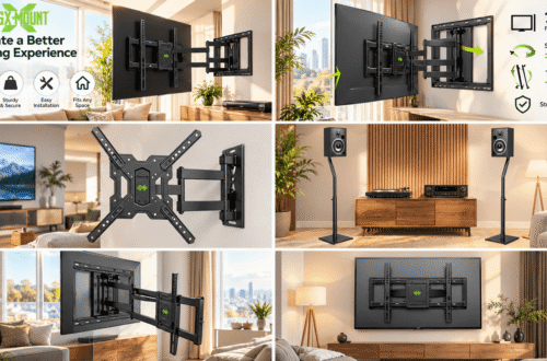 USX MOUNT promotional collage featuring full-motion TV wall mounts, adjustable speaker stands, and home theater setups in modern living rooms, with green branding and graphics highlighting flexible viewing, secure support, and space-saving design.