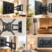USX MOUNT promotional collage featuring full-motion TV wall mounts, adjustable speaker stands, and home theater setups in modern living rooms, with green branding and graphics highlighting flexible viewing, secure support, and space-saving design.