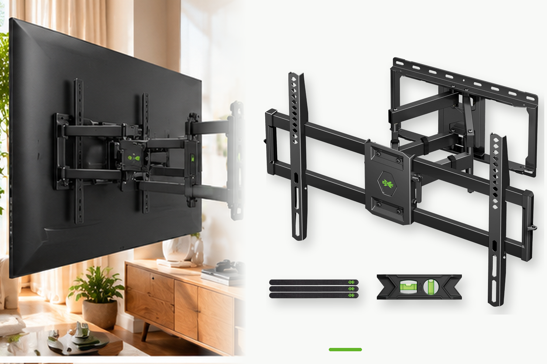 USX MOUNT black full-motion TV wall mount displayed beside a modern living room installation. The image highlights its extendable dual-arm structure, metal mounting brackets, adjustable TV support rails, cable straps, and included bubble level.