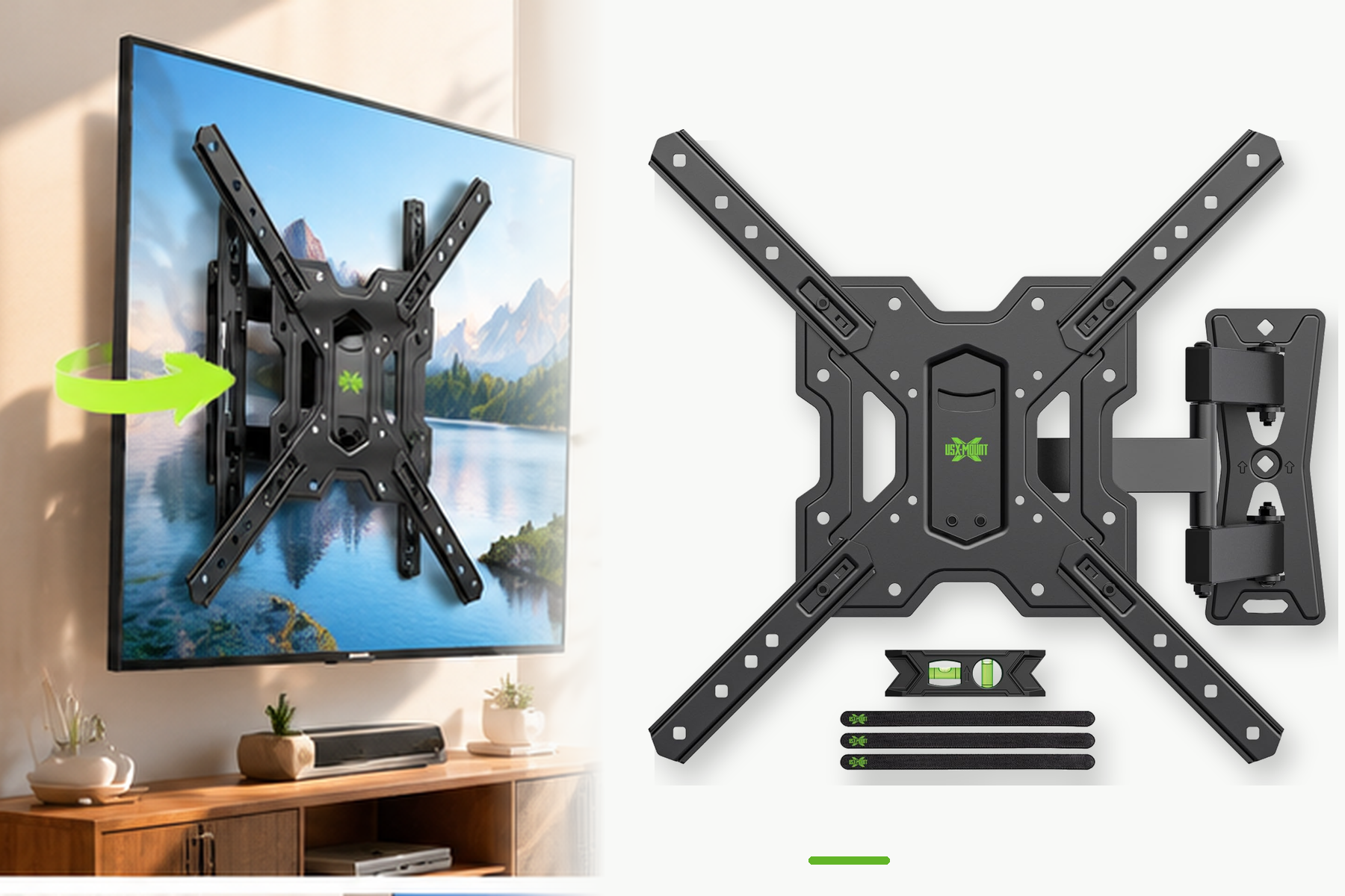 USX MOUNT articulating TV wall mount shown in a bright living room with a wall-mounted television. A detailed product view highlights the black X-shaped mounting plate, adjustable extension arm, swivel mechanism, cable straps, and bubble level.