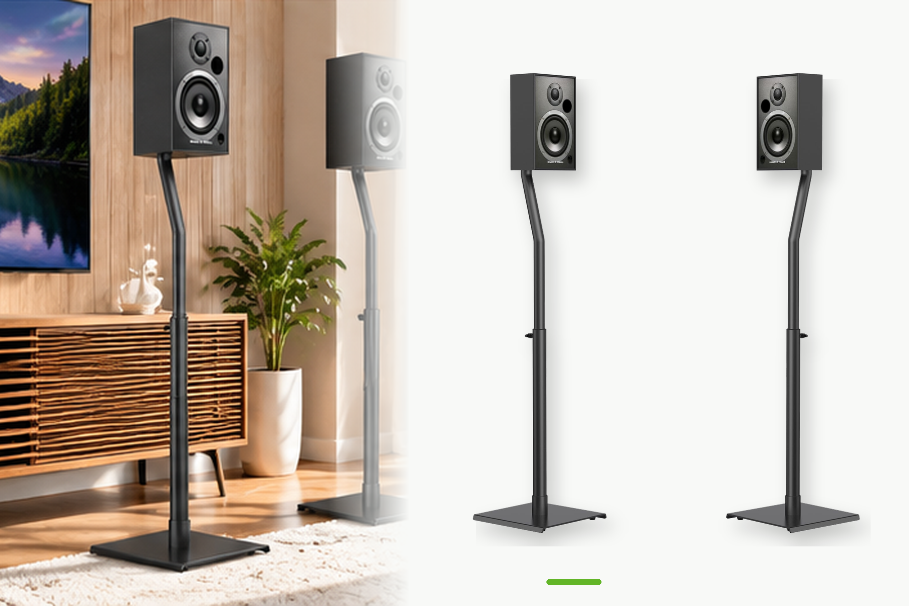USX MOUNT black floor speaker stands displayed in a modern home entertainment room and against a clean white background. The matching pair features slim metal poles, square bases, and compact bookshelf speakers for a streamlined audio setup.