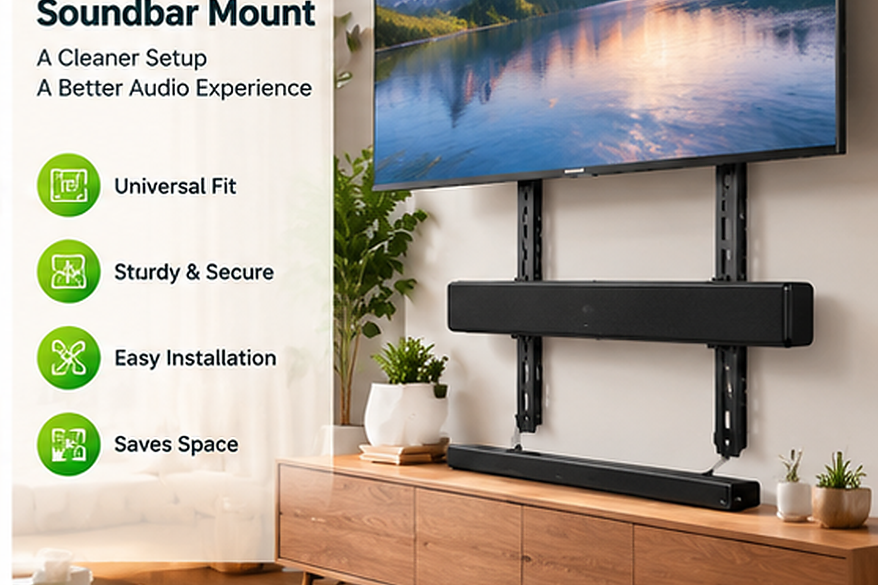 Soundbar mounting concept in a contemporary living room, featuring a flat-screen television above a wooden media console and a black soundbar positioned beneath the screen. Green icons highlight secure mounting, easy installation, and space efficiency.
