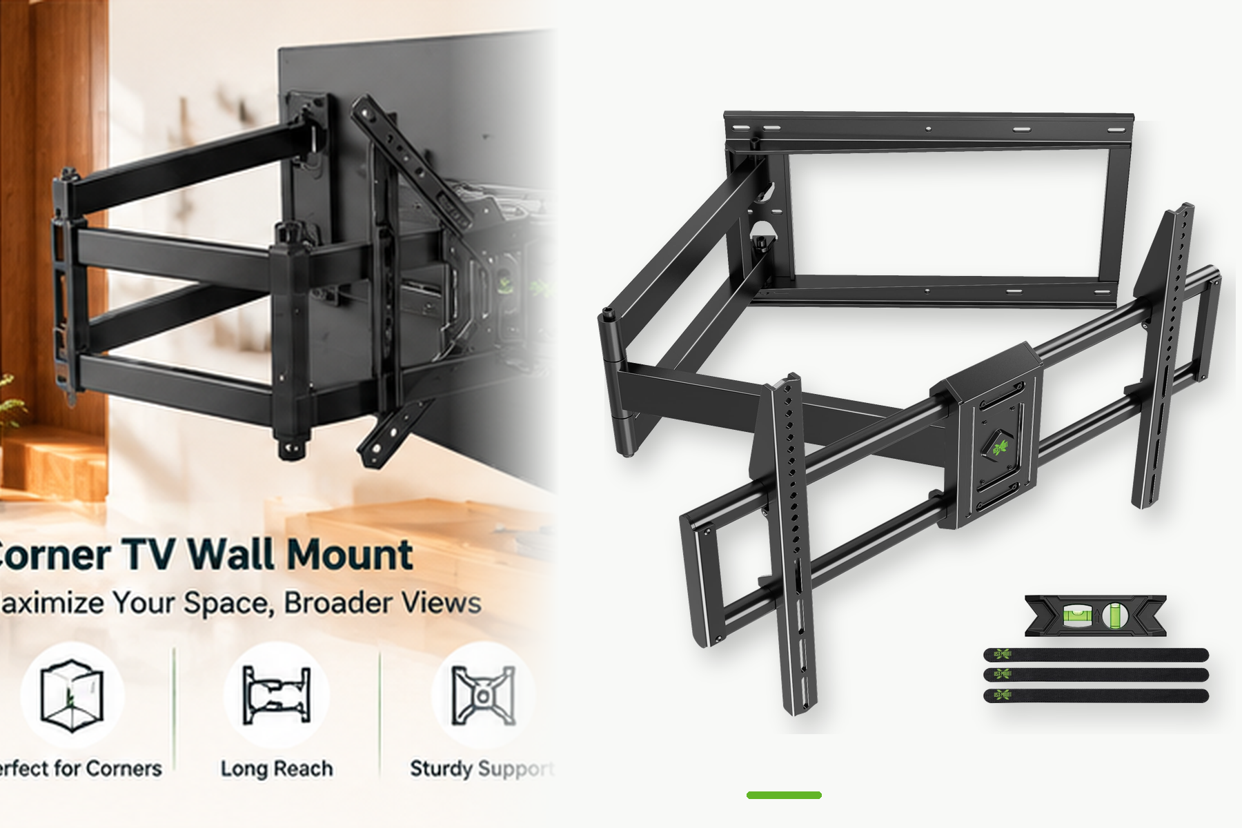 USX MOUNT long-arm TV wall mount displayed in a modern living room corner alongside a detailed product view. The black metal bracket features extended articulating arms, a wide TV mounting frame, adjustable support rails, cable straps, and a bubble level.