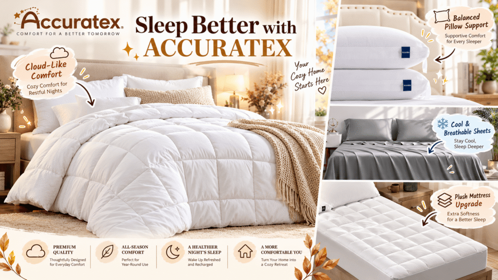 ACCURATEX bedding collection displayed in cozy bedroom settings, featuring a fluffy white comforter, supportive pillows, silky grey cooling sheets, and a quilted mattress topper, with illustrated product highlights and elegant promotional text.
